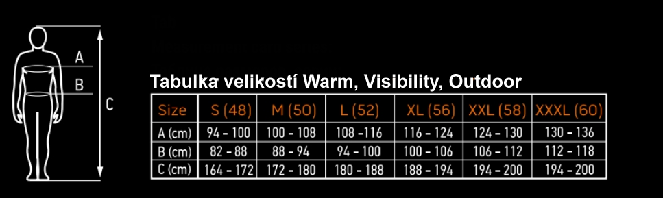 tabulka velikostí Warm, outdoor, visibility